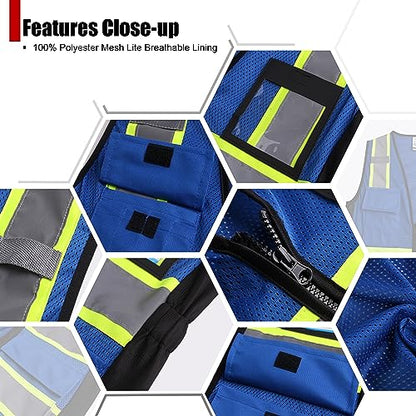Safety Vest for Women High Visibility Vest with 8 Pockets and Front Zipper Mesh Reflective Vest Meets ANSI/ISEA Standards(Blue-17, Medium) - color: Blue-17, size: Medium