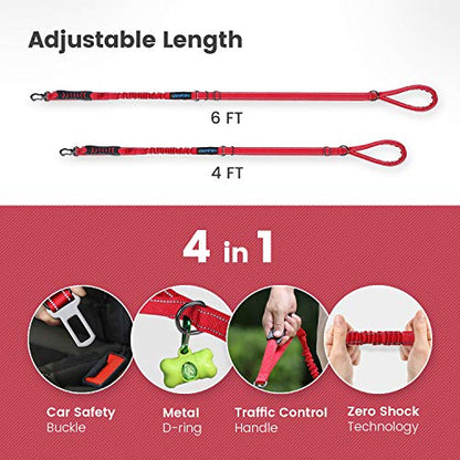 IOKHEIRA Multifunctional Dog Leash for Medium & Large Dogs - Red Adjustable With Car Seatbelt, 4-6 FT Strong Bungee - color: Red