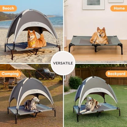 FUNNY FUZZY Elevated Cooling Dog Bed with Canopy(30"x24"x7") – Dog Cot Bed for Small,Medium Dogs with UV Shade, Breathable Mesh for Cooling, Indoor & Outdoor Use for Dogs up to 120 lbs