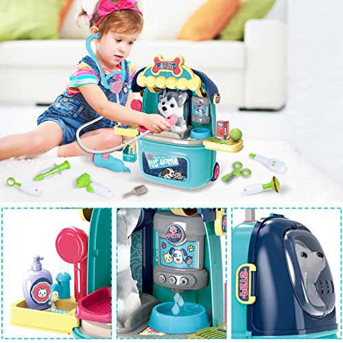 MAGIC4U Pet Cat Care Carrier Suitcase Toy, 29PCS Doctor Vet Kit for Kids, Pet Dog Grooming Feeding Toys, Veterinarian Pretend Play Set, Gifts for Boys and Girls Ages 3-12 | Puppy Vet Toys, Animal Doctor Kit for Toddlers,, Dog Grooming Toys, Pretend Pet Ho