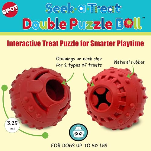 SPOT Seek-A-Treat Double Puzzle Ball Dog Toy, 3.25 in Durable Rubber Treat Dispenser with Dual Openings for Mental Stimulation & Long-Lasting Play, for Dogs up to 50 lbs