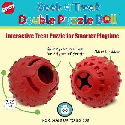 SPOT Seek-A-Treat Double Puzzle Ball Dog Toy, 3.25 in Durable Rubber Treat Dispenser with Dual Openings for Mental Stimulation & Long-Lasting Play, for Dogs up to 50 lbs