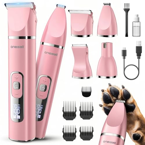 oneisall 4 in 1 Dog Grooming Kit with LCD Display, Dog Hair Trimmer for Paw Nail Grinder, Rechargeable Cordless Low Noise IPX7 Waterproof Pet Clippers Pink - color: Pink