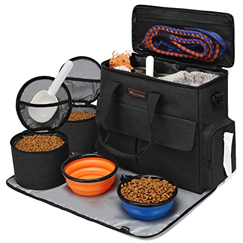 Dog Travel Bag by Modoker - Dog Travel Kit for a Weekend Away Set Includes Pet Travel Bag Organizer for Accessories, 2 Collapsible Bowls, 2 Travel Food Container (Black) - color: Black