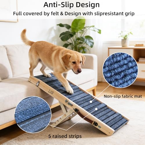 ZJSF Foldable Wooden Dog Ramp for High Bed, Dog Stairs for Small Dogs, High Traction Platform with 4 Adjustable Heights (14"-19.7"), 33" L, Supports up to 70 lbs - size: 33"L X 11.8"W
