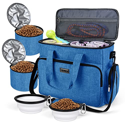 BAGLHER Dog Travel Bag, Pet Travel Bag (ALL Pet Travel Supplies), With 2 Pet Food Containers and 2 Collapsible Silicone Bowls; Essential Kits for Pet Travel Blue - color: Blue, size: Large