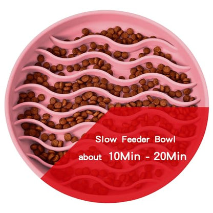 Slow Feeder Dog Bowls, Silicone Food Bowl Anti-Gulping, Pets Puppy Slow Feeder with Suction Cups, Dishwasher Microwave Safe for All Small Medium Dogs, Wave Design Pink - color: pink