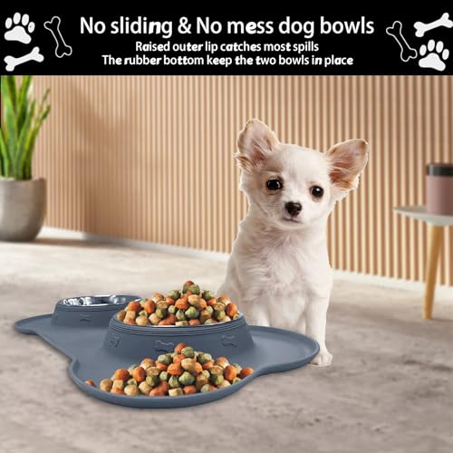 AsFrost Dog Food Bowls Stainless Steel Dog Food and Water Bowl Set, Dog Dishes No Spill Non Slip Silicone Mat, Dog Bowls for Small Medium Size Dogs Cat Puppy Pet Food Feeding Bowls, Grey, 12oz - color: Grey, size: 1½ Cup/12 oz each