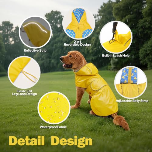 Kimee Dog Raincoat Reversible, Single Side Slicker Poncho Adjustable Waterproof Dog Rain Jacket with Leash Hole/Reflective Stripe Hooded Snowproof Windproof Clothes for Small to 3X-Large Dogs, 3XL - color: Yellow, size: 3X-Large