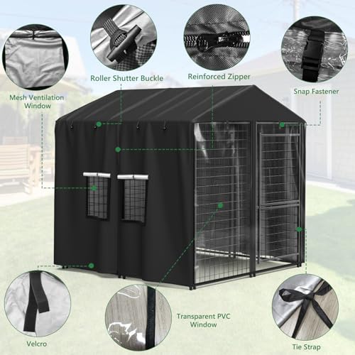 Outdoor Dog Kennel Cover 4.2'D x 4.2'W x 4.5'H Black Full Coverage with Transparent PVC Window and Breathable Mesh All-Weather Protection for Multiple Brands of Kennels Only Cover - size: 4.2'D x 4.2'W x 4.5'H