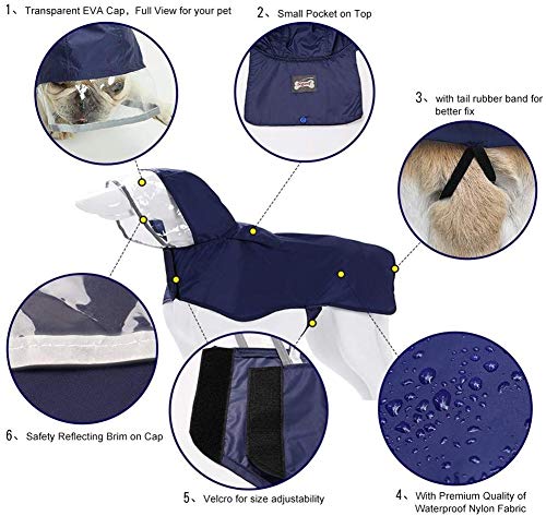 Pet Raincoat Packable Hooded Dog Rain Jacket Reflective Strips Lightweight Adjustable Poncho for Small Medium Large Dogs Blue XS