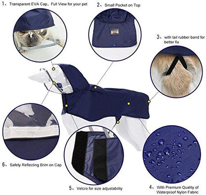 Pet Raincoat Packable Hooded Dog Rain Jacket Reflective Strips Lightweight Adjustable Poncho for Small Medium Large Dogs Blue XS
