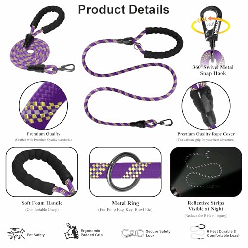 Homapet. Braided Rope Dog Leash 6 Ft with Comfortable Padded Handle Reflective Threads with Poop Bag Dispenser for Large Dogs (Violet/Yellow 6FT-1/2) - color: Violet/Yellow