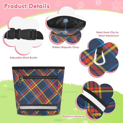 Plaid Water-Resistant Dog Treat Pouch, 3 Ways to Wear Treat Bag with Magnetic Closure & Reflective Strip, Hands-Free for Pet Training, Walking