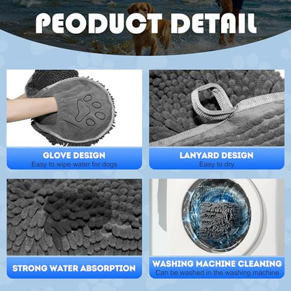 Doggy Dryer, Quick Dry Dog Towel, Microfiber Super Absorbent Dog Bath Towels for Drying Dogs Large & Small, Pet Towel with Hand Pockets, Soft & Durable Puppy Towel, Machine Washable-Grey 32"x14"