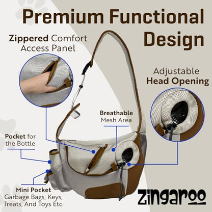 Hands-Free Sling Pet Carrier for Cats and Small Dogs up to 7lbs – Travel Set Includes Foldable Water Bowl & ID Card – Breathable Mesh, Safety Hook & Adjustable Padded Strap for Walking & Travel - color: Beige