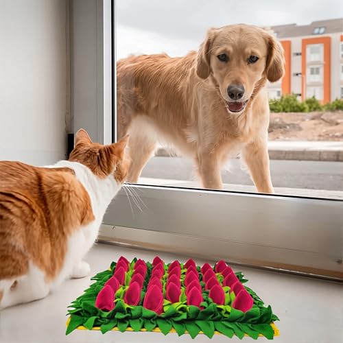 Snuffle Mat for Dogs, Cats, Rabbits, Guinea Pigs, Durable Washable Pet Feeding Mat, Flower & Grass Slow Feeder, Nose Work Training Pad, Anxiety Relief & Mental Stimulation(S, Rose Red) - color: Rose Red