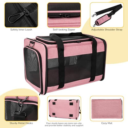 Hipubby Cat Carrier Dog Carrier for Pets Up to 16 Lbs, Soft-Sided Pet Travel Carrier for Cats and Small Dogs, Airline Approved Pet Carrying Case with Shoulder Strap & Removable Mat - Pink - color: Pink