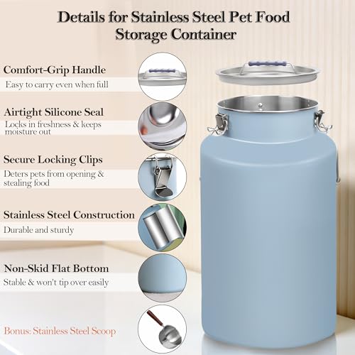 30 lb Stainless Steel Dog Food Storage Container, Airtight Metal Canister with Lid & Scoop, Extra Large Capacity for Multi-Pet Families, Preserve Freshness - size: Large