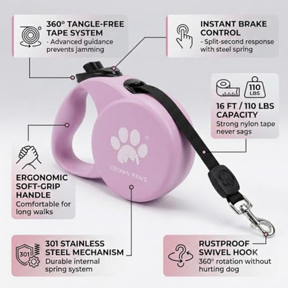 Chew Proof Retractable Dog Leash for Large Dogs, 16ft Heavy Duty Dog Lead with Anti-Chewing Steel Wire Rope, Tangle-Free 360° Swivel, One-Hand Brake & Lock, Pink L - color: Pink, size: Large
