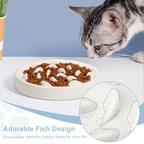 Slow Feeder Bowl for Cats and Small Dogs,Cilkus Fish Pool Design, Fun Interactive Bloat Stop Puzzle Feeder Bowl Healthy Eating Diet Made of Melamine Food Grade Material Dishwasher Safe (White) - color: White