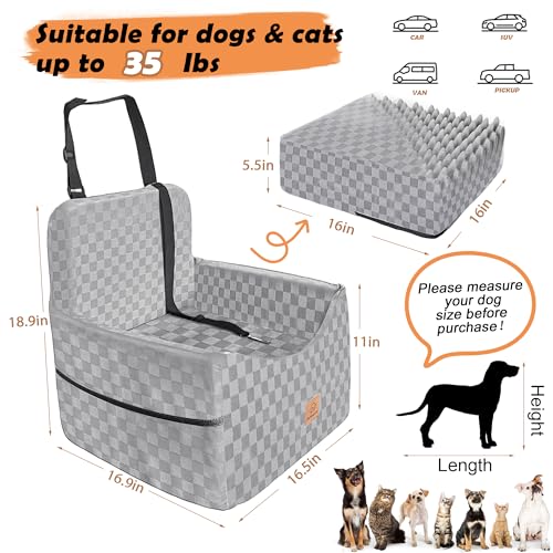 Dog Car Seat for Small and Medium Dogs Up to 35 lbs –Memory Foam Dog Booster Seat with Safety Leash & Storage Pockets, Fits Front & Back Car Seats, Removable Washable Cover – Gray - color: Small-Gray