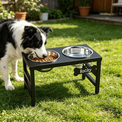 ADENGL 10" Elevated Dog Bowls – Metal Raised Dog Bowl Stand with 2 x 1700ml Stainless Steel Bowls, 1 Slow Feeder & Non-Slip Mat for Dogs - color: Black-L, Slow Feeder, size: Height:10inch