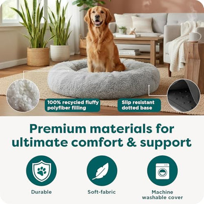 Furhaven 30" Round Calming Donut Dog Bed for Medium/Small Dogs, Refillable w/ Removable Washable Cover, Up to 45 lbs - Shaggy Plush Long Faux Fur Donut Bed -Mist Gray, Medium,30.0"L x 30.0"W x 10.0"Th - color: Mist Gray, size: Medium
