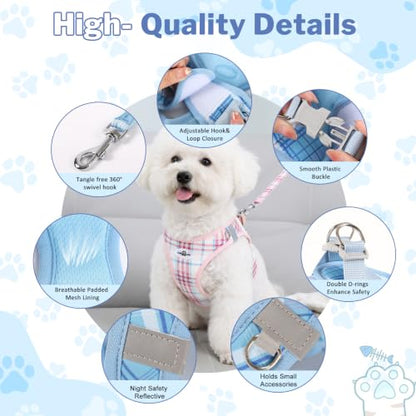 Gyuzh Dog Harness and Leash Set, 3-in-1 Step in No Pull Harness Vest Collar for Small Dogs & Cats, Lightweight Breathable Mesh Reflective Plaid with Padded Handle (Blue, XXS) - color: Blue, size: XXS