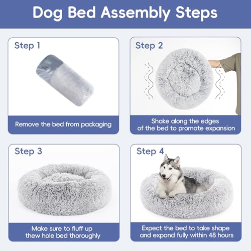 FluffyDream 20 inch Round Donut Bed, Plush Fur Cuddle Bed for Dogs and Cats, Grey, Washable - color: Grey, size: Donut - 20''L x 20''W x 8''H