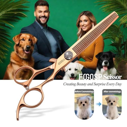 7'' Dog Grooming Scissors Set Rose Gold Titanium 4PCS Curved Thinning Straight Chunkers Shears Kit with White Artificial Diamonds Ergonomic Offset Handle Japan 440C Sharp and Durable - size: 7.0 inch, style: Dog Scissors Kit