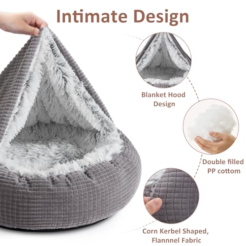 MIXJOY Dog Bed with Blanket, Round Calming Cozy Cave for Medium Dogs, Soft Plush Cuddler Puppy Bed and Burrow Cave, Anti-Slip Bottom, 26inch - size: 26.0"L x 26.0"W x 6.0"Th