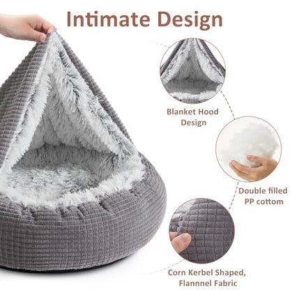 MIXJOY Small Dog Bed Cat Bed with Blanket Attached, Round Hooded Cozy Dog Cave Beds for Small Dogs, Soft Plush Cuddler Puppy Pet Bed, Anti-Slip Bottom, 23inch - size: 23.0"L x 23.0"W x 6.0"Th