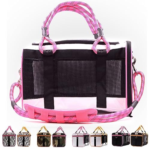 Buddy's Best Airline Approved Pet Carrier – White & Pink Heavy Duty, Fits Under Seat, TSA Compliant, Ventilated Mesh Design w/Waterproof Base & Reflective Safety Strips - color: White & Pink