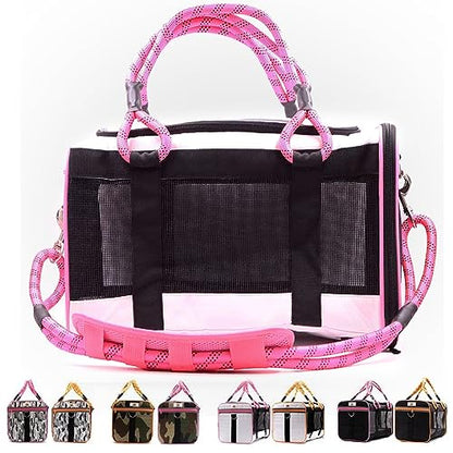 Buddy's Best Airline Approved Pet Carrier – White & Pink Heavy Duty, Fits Under Seat, TSA Compliant, Ventilated Mesh Design w/Waterproof Base & Reflective Safety Strips - color: White & Pink