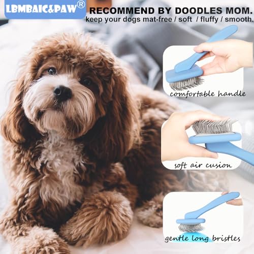 Dog Slicker Brushes for Poodles,Doodles,Goldendoodles,Bernedoodle.Dog Brushes for Thick Long Curly Fur Deshedding,Fluff,Grooming.Remove Loose Fur Quick Easy.Long Pin Slicker Brush.Wooden(Large) - color: Blue