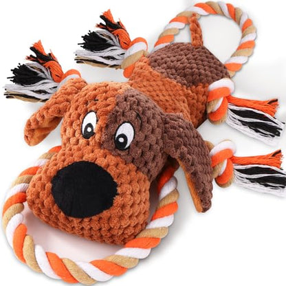 Drmstow Interactive Dog Toys for Large Dogs - Durable Rope Tug of War Toy with Squeaker & Crinkle - Tough Plush Chew Toys for Teeth Cleaning, Boredom Relief & Active Play - color: Brown2