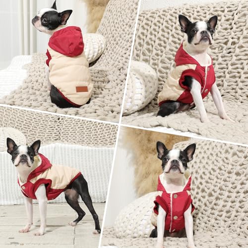 Vecomfy Fleece Lining Extra Warm Dog Hoodie in Winter,Small Dog Jacket Puppy Coats with Hooded,Beige and Red XS - color: Beige and Red, size: X-Small (Pack of 1)