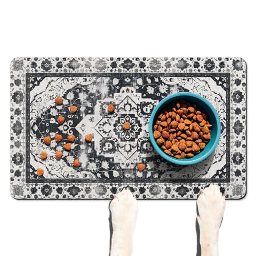 Absorbent Pet Dog Bowl Mat for Food and Water, Pet Cat Food Feeding Mat with Non Slip Rubber Backing, Dog Food Mats for Floors Waterproof, 17"x30" - color: Medallion01-Black, size: 30"L x 17"W