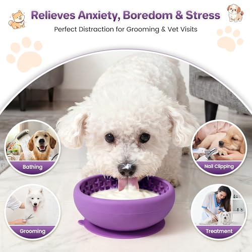 Dog Lick Bowl Slow Feeder with Slanted Anti-Spill Design, Extra-Thick Bite-Resistant Rim, Strong Suction Base, Freezer Safe for Frozen Treats — A Cleaner Alternative to Lick Mats for Dogs (Purple) - color: Purple