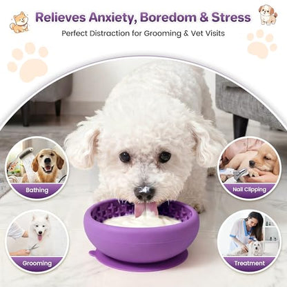 Dog Lick Bowl Slow Feeder with Slanted Anti-Spill Design, Extra-Thick Bite-Resistant Rim, Strong Suction Base, Freezer Safe for Frozen Treats — A Cleaner Alternative to Lick Mats for Dogs (Purple) - color: Purple