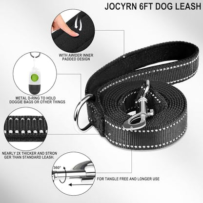 Dog Leash 6 FT, Double Sided Reflective Dog Leash with Soft Padded Handle, Durable Metal Snap Hook Nylon Heavy Duty Leashes for Small Medium and Large Dogs, 1 Inch Wide, Black