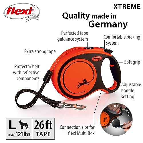 FLEXI® Xtreme Tape Retractable Dog Leash, Large, 26 ft - Orange/Black | German engineered, original flexi leash, durable quality for dogs up to 121 lbs, tangle-free, walking, reliable brake system