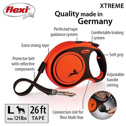 FLEXI® Xtreme Tape Retractable Dog Leash, Large, 26 ft - Orange/Black | German engineered, original flexi leash, durable quality for dogs up to 121 lbs, tangle-free, walking, reliable brake system