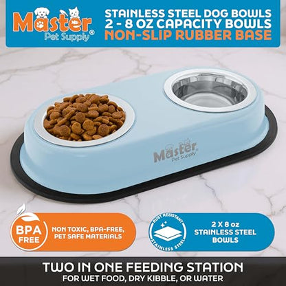Master Pet Supply Double Dog Bowls Set with Elevated Base and 2 (8 oz) Stainless Steel Removable Dishes (Glacier Blue) – Double Cat Food Water Bowl, Dog Puppy Food Bowl Set, Rust Resistant - color: Glacier Blue