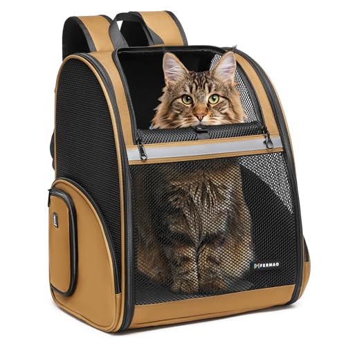 Pet Backpack Carrier, Large Cat Carrier Backpack Up to 20 Lbs with Breathable Mesh, for Medium Large Cats or Small Dogs, Travel Hiking Camping Backpack (Brown-XL) - color: Brown, size: 13.7"L x 12.0"W x 18.0"H
