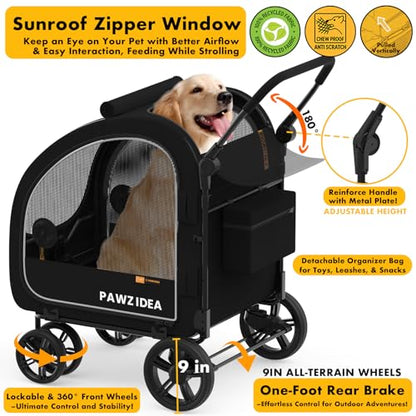 PAWZIDEA 3-in-1 Dog Stroller for Large Dogs with Detachable Carrier up to 100lb, 45% Extra Tall Dog Car Crate Sit Upright, Foldable Pet Stroller for 2 Medium Dogs All-Terrain Jogger, Adjustable Handle - color: Black Warrior