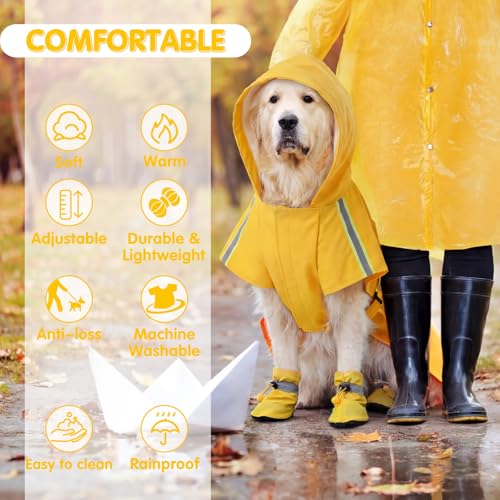 3 Pcs Dog Raincoat Shoes and Leash Set with Reflective Strip Yellow Adjustable Waterproof Rain Jacket Coat Poncho Hoodies for Small Medium Dogs Pets Walking
