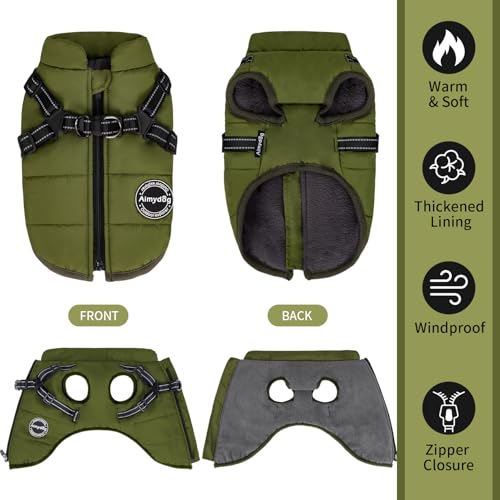 Dog Winter Coat, Warm Dog Jacket Reflective Adjustable Fleece Vest with Harness Built in, Windproof Pet Snow Jacket Snowsuit with Zipper for Small Medium Dogs, Green XS - color: Green, size: X-Small