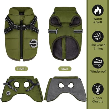 Dog Winter Coat, Warm Dog Jacket Reflective Adjustable Fleece Vest with Harness Built in, Windproof Pet Snow Jacket Snowsuit with Zipper for Small Medium Dogs, Green XS - color: Green, size: X-Small